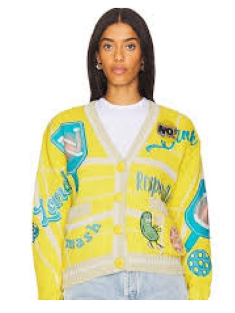 NWOT NO! JEANS Pickleball Patchwork V Neck Knit  Cardigan in Yellow